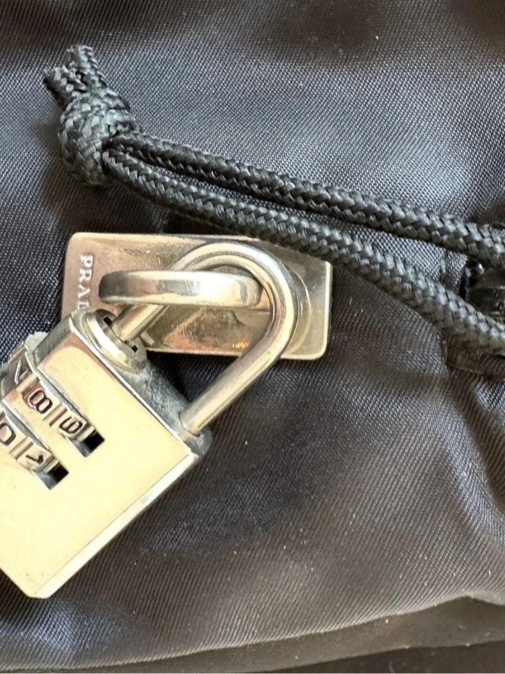 UNISEX PRADA Black Nylon Tote Bag with Silver Hardware Zipper and Padlock.